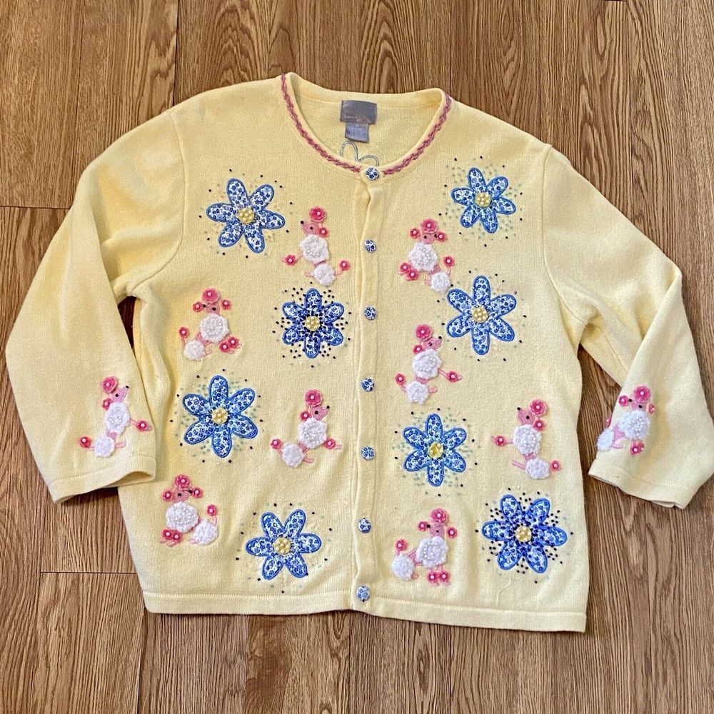 Berek Sweater Women's‎ Sz M Poodles Dogs W Patterned Flowers VTG Button Front
